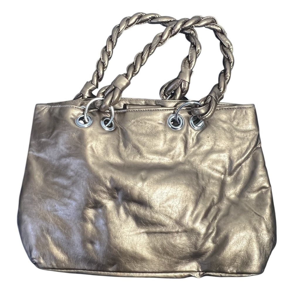 Metallic Bronzeโ Gold Braided Handle Shoulder Bag Tote Women's Handbag Satchel